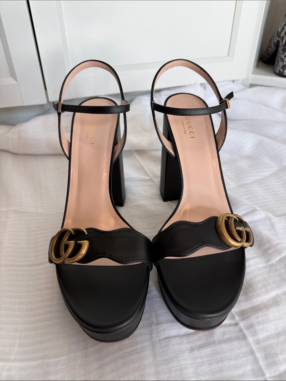 Gucci Black Leather Platform Sandals with Gold GG Hardware size 40